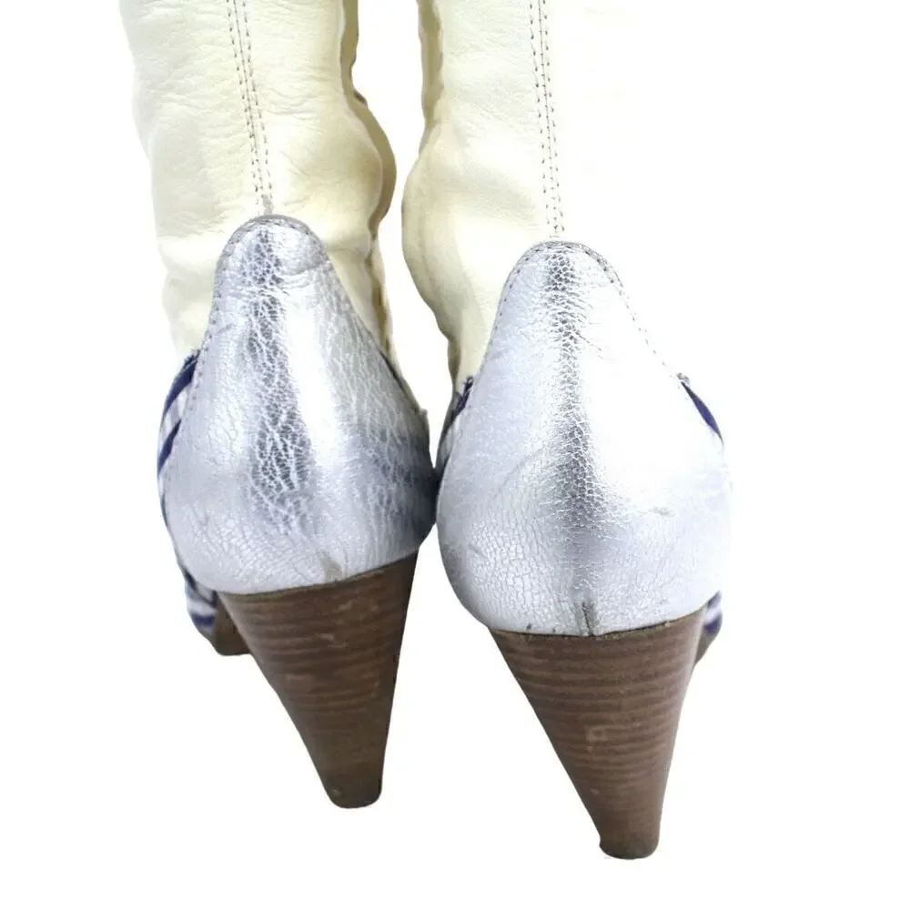 AUTHENTIC Gigi Favela White Leather Boots Heels Blue Gingham Leather 5.5